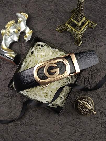 1pc Men's Casual High-End Leather Belt, Letter Buckle Design, 120cm Length, Low-Key Luxury, A Great Accessory To Attract The Opposite At Gatherings