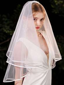 1pc Bride Veil With Double Layer Satin Trim, Simple Face Covering Veil, Romantic Wedding Dress Accessory, Suitable For Travel, Photo Shoot, Bachelorette Party - A - View 8