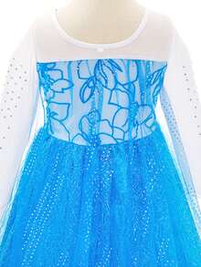 Set de 6 piezas para niñas: Vestido azul de manga larga con malla y flores, trenza de peluca, corona, varita mágica, guantes, conjunto de disfraz para fiesta de Navidad y carnaval - Azul - View 8