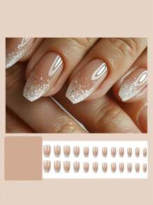24pcs Short Ballet Style Fake Nails, Glitter Ombre White Nail Wraps, Full Cover Removable Manicure Set For Women, Suitable For Party, Prom, Everyday Wear