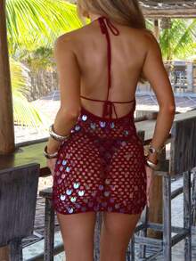 Women's Sexy Hollow Crochet Knit Mini Dress Y2K Round Ring Halter Neck Sequin Dress Sleeveless Open Back Bodycon  Dress Back Tie Up Dress Boho Beach Vacation Party Dress - 紅色 - 查看 2