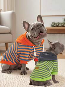 1 件基本款条纹宠物连帽衫，带精致皮革标签，适合中小型犬，柔软舒适的法国斗牛犬幼犬服装 - 橘色 - 查看 3