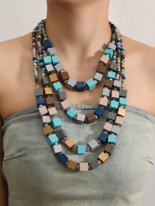 1pc Bohemian Vintage Style Multi-Layer Geometric Wooden Bead Necklace, Jewelry For Women Beach Holiday Wear