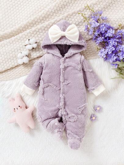 1 pieza Pelele con capucha de felpa para bebé niña, mono de manga larga color púrpura claro con decoración de lazo blanco, conjunto cómodo y cálido para recién nacidos e infantes