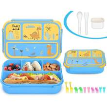 Lunch Box Kids, Bento Lunch Box For Girls Boys School, Lunch Containers For Adults Kids With 4 Compartments, Sauce Container, Utensils, Food Picks And Muffin Cups, Blue Dinosaur The Packaging Box Features A Green Lunchbox Cover But Contains