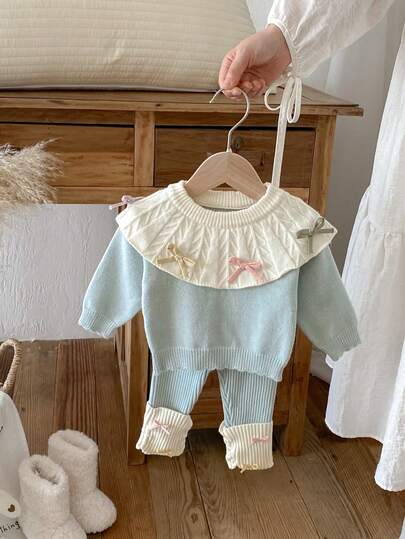 秋冬女宝宝彩色蝴蝶结大领针织毛衣套装