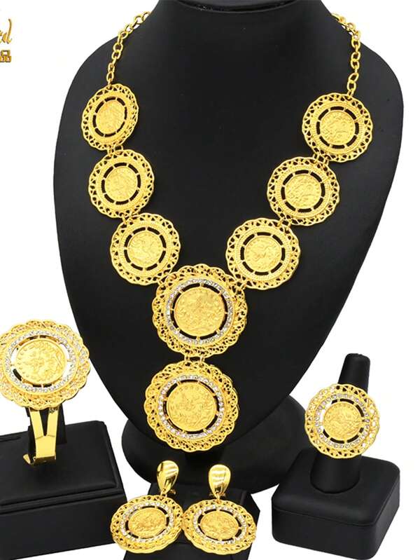ANIID 1 Collier, 1 Paire de Boucles d'Oreilles, 1 Bracelet, 1 Bague Ensemble de Bijoux Plaqué Or pour Femmes avec Pendentif Portrait, 4 pièces, Moyen-Orient Dubaï, États-Unis, Royaume-Uni, Arabie Saoudite, Accessoires de Robe de Mariée et de Fête, Fête des Mères, Rentrée Scolaire, Saint-Valentin, Cadeau de Vacances, Collier, Bracelet, Boucles d'Oreilles, Cadeau pour Maman, Petite Amie, Sœur, Bijoux en Or