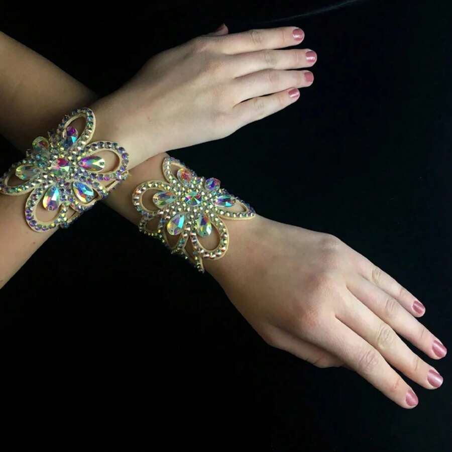 Colorful Crystal Flower Hand Bracelet Belly Dance Jewelry For Women Performance Show Rhinestone Bangle Bracelet Wedding Design - 鍍銀 - 查看 1