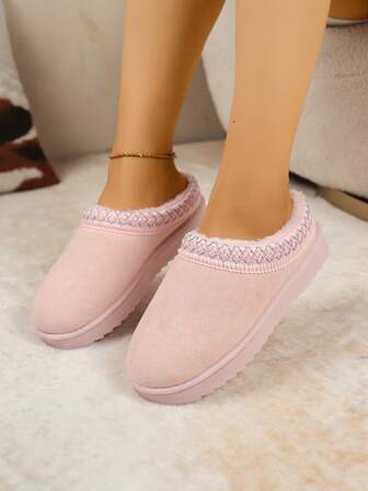 Höst/vinter Dam Plus Size Slip-On Stickad Krage Snökängor, Varma Och Lösa Inomhus-/Utomhusplyschskor, Pälsstövlar