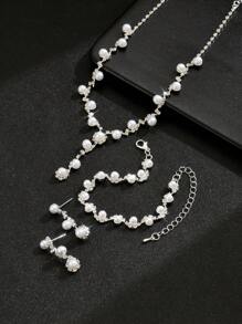 4 pièces Set Bijoux Femme Perle, Collier Élégant, Boucles d'oreilles, Bracelet, Accessoires de Mariage et de Mariée