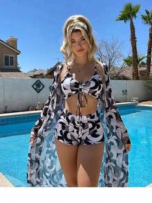 Women's Swimsuit Set, All-Over Print Bikini With Drawstring And Straps, 3-Piece Kimono Beach Cover-Up - Đen và trắng - Xem 1