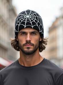 蜘蛛网黑白无檐针织帽，Y2K风格 - 彩色 - 查看 5
