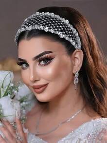 1 Piece Silver Rhinestone Wide Headband With Mesh Hollow Out Shiny Hair Accessory For Holidays Birthdays Parties Leisure College Style Campus Accessories, Hair Band, Hair Hoop, Autumn - Silver - View 8