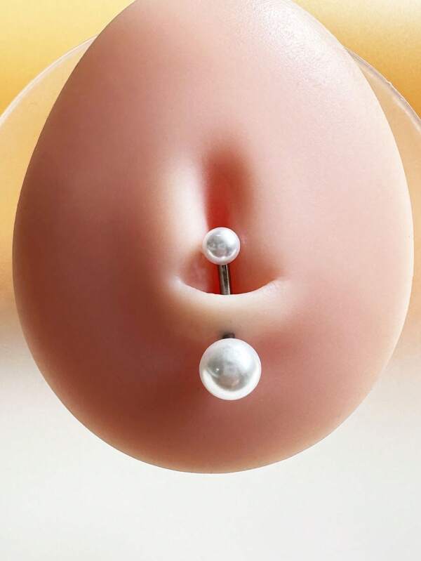1pc Double-Head Faux Pearl Navel Ring, Elegant Navel Piercing Jewelry, Stainless Steel Navel Body Piercing