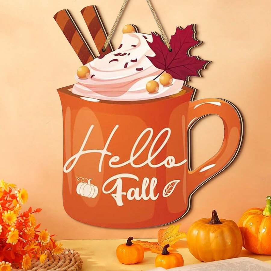 1 套 2D 你好，秋季南瓜雪顶杯木制现代墙面装饰欢迎标志秋季感恩节主题派对装饰、餐厅装饰、房间装饰、家居装饰秋季装饰万圣节秋季装饰 - 彩色 - 查看 1