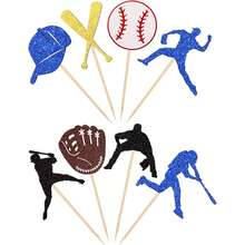 8/16/24 piezas Decoraciones para cupcakes con tema de béisbol, figuras de jugadores de béisbol con brillos, palillos para cupcakes con tema de béisbol para fiestas de cumpleaños y baby shower, decoraciones para pasteles