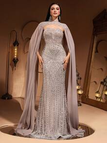 New Luxury High-End Elegant Women's Mermaid Tail Lace Patchwork Chiffon Flare Sleeve Floor Length Dress, Suitable For Formal Evening Party, Gala, Wedding Guest, Red Carpet Events, Bridal Gown, For Valentine's Day - 杏色 - 查看 4
