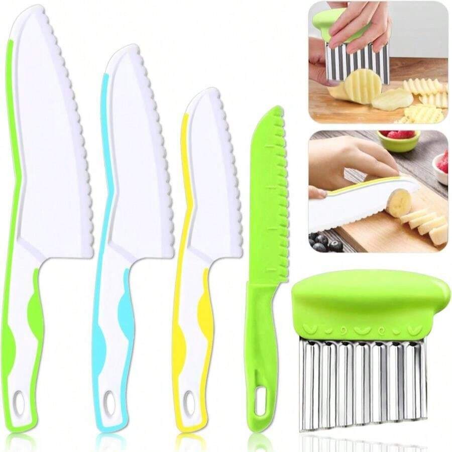 TAORISH 5 Pcs Kids Knives, Kids Safe Cooking Knife, Plastic Kid Kitchen Knife Set With Crinkle Cutter, Serrated Edges Toddler Knives For Real Cooking &Amp; Cutting Fruit, Bread, Vegetable
