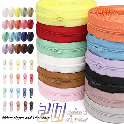 20 Colors, #3 Nylon Zipper, 1 Set (177.16inch/450cm/5 Yards Zipper + 10 Matching Zipper Pulls), Various Colors Available, Can Be Cut To Any Length, Suitable For Clothing, Home Textiles, Bags, And Dolls