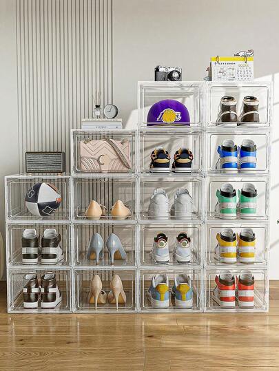 6 Pack XX-Large Shoe Storage Boxes Clear Plastic Stackable, Shoe Organizer For Closet, Shoe Display Containers Rack For Sneaker, Drop Front Shoe Case Fit Up To US Size 12