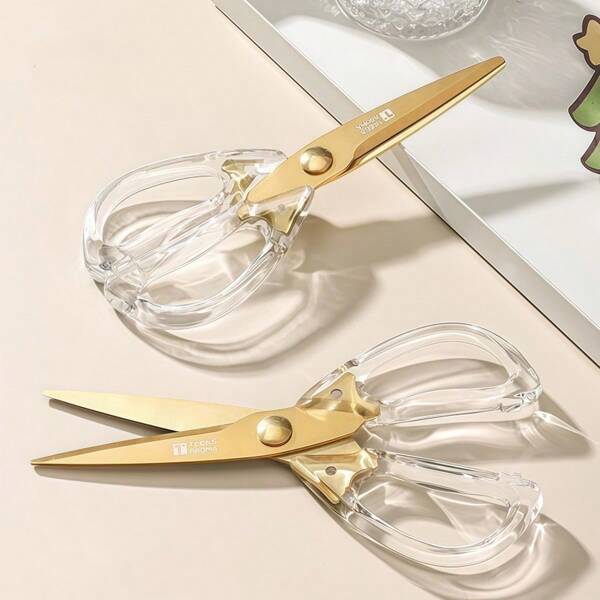 1 pieza Tijeras de cocina multiusos - Mango transparente, duraderas y elegantes, para cortar verduras, carnes, telas, uso doméstico y de oficina en general, color dorado