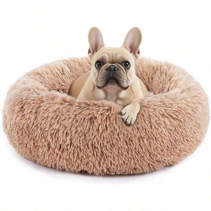 Calming Donut Dog And Cat Bed Machine Washable Cuddle Warming Cozy Fluffy Faux Fur Plush Round AntiAnxiety Waterproof AntiSlip Pet Sleeping Sofa For Small Medium Animals Brown 20 Inches