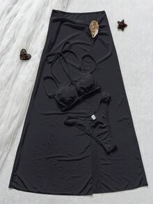 女款純色掛脖比基尼3件套，前綁帶與金屬扣設計，復古優雅風，度假海灘夏季款 - 深灰色 - 查看 3