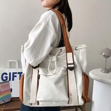 1 Piece Large Capacity Colorful Tote Bag - Nylon Shoulder Bag With Zipper, Beige & Brown Two-Tone Design, Perfect For Commuting, Traveling And Shopping, Casual Shoulder Bag |   Minimalist Tote Bag |   Durable Nylon Bag - 白色 - 查看 2