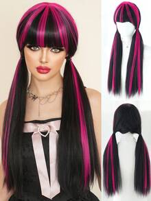 7JHH WIGS 26 Inch Black Pink Highlight Halloween Wigs For Women Long Straight Synthetic Wig With Bangs, Premium Heat Resistant Fiber Full Machine Hair Gothic Lolita Wigs For Girls Anime Or Costume Cosplay Use,Music Festival Party Street Wear Photography, Draculaur? - Màu hồng nổi bật - Xem 2