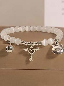 5 piezas, pulsera con encanto de  oficialmente autorizada por  - Estilo Y2K E y accesorio Kawaii elástico, que incluye colgante con forma de corazón, alas de ángel y llave, cristal sintético de piedra natal de agosto, lindo regalo de dibujos animados, uso diario del Día de San Valentín para niña, colgante de pulsera de , joyería diaria, accesorios para fiestas, diseño divertido, decoración de cuentas, regalo para cumpleaños, pendiente con diseño de perlas, accesorio para niñas - Multicolor - Ver 1