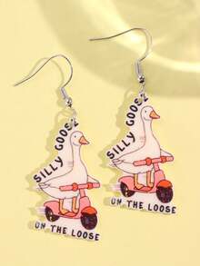 1 对创意有趣古怪可爱卡通精致鹅骑驴“Silly Goose On The Loose”字母吊坠耳环，女士派对珠宝 - 彩色 - 查看 3