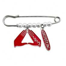Red Greek Sorority Society DELTA 1913 Letter Enamelled Metal Pendant Simulated Pearl Brooch Pin - 紅色 - 查看 1