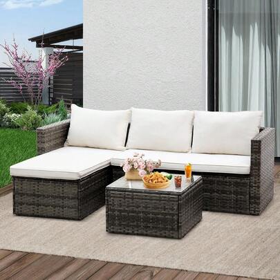 L-Shape 3-Piece Rattan Garden Furniture Set