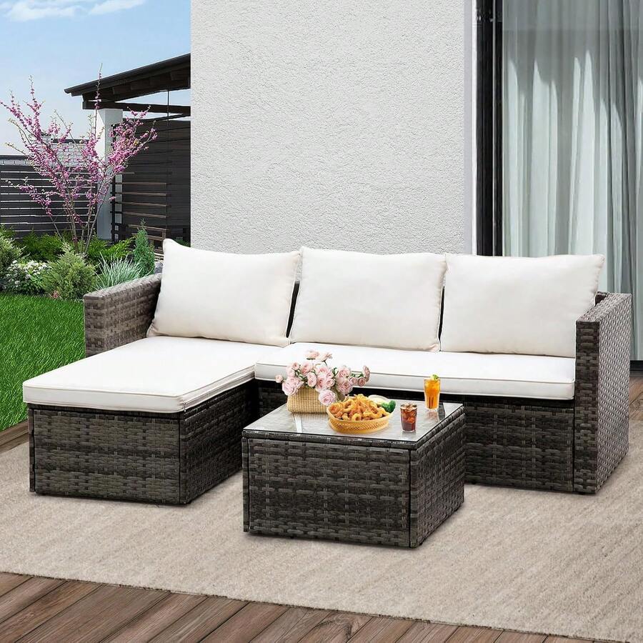 L-Shape 3-Piece Rattan Garden Furniture Set - 灰色 - 查看 1