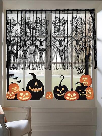 1pc Black Skeleton Lace Hanging Screen Curtain, Holiday Decor