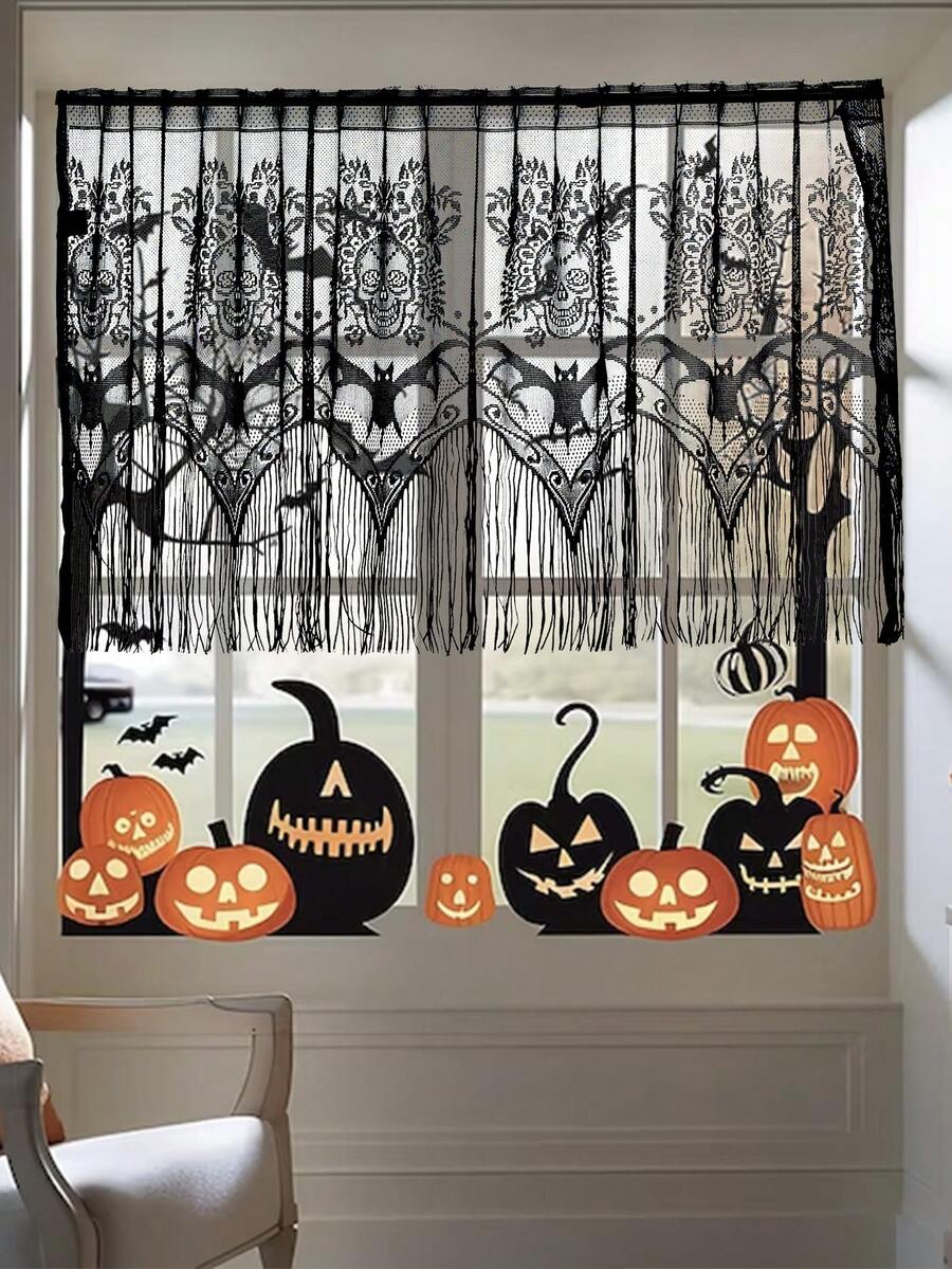1pc Black Skeleton Lace Hanging Screen Curtain, Holiday Decor - Black - View 1