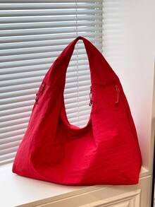 2025 Spring/Summer New Red Nylon Fabric Handbag, Large Capacity Solid Color Shoulder Bag, Casual Loose Style Tote, Versatile College Campus Bag, Simplistic Fashion Satchel, Short Trip Travel Bag, Dual Zipper Side Pockets, Crescent Shape - Red - View 5