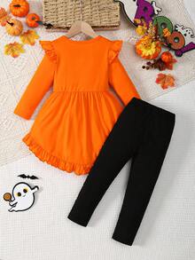 2pcs Girls' Halloween New Ghost Round Neck Elastic Ruffle Horn Sleeve Knitted Long Sleeve Top+Design Shape Letter Positioning Printed Slim Fit Bottom Elastic Pants Set(Targeted Development, Shoulder To Back Length Is The Correct Clothing Length Size) - 彩色 - 查看 2