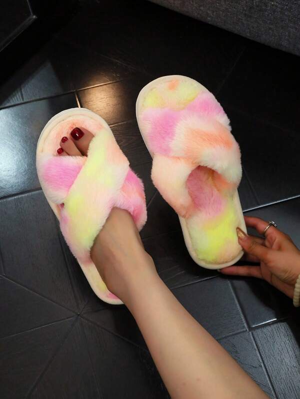 Colorful Criss-Cross Open-Toe Fuzzy Women Slippers, Comfortable & Lightweight For Indoor/Outdoor Wear, Suitable For Spring, Autumn
