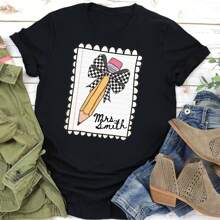 1 pieza Camiseta personalizada con el nombre del maestro, camiseta cómoda de regreso a clases, primer día de clases, camisetas para la presentación de maestros de primaria, camiseta con estampado de lápiz