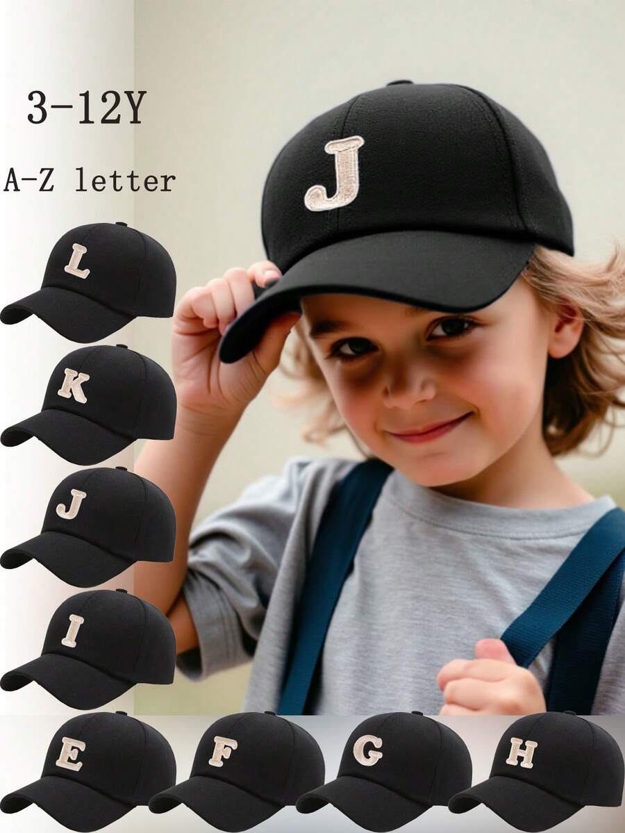 1pc Personalized 26 Letter Name Print Sun Hat Baseball Cap, Adjustable Unisex Kids Outdoor Casual Sun Protection Hat - Black - View 1
