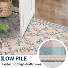 Meiyiu Washable Runner Rug Modern Farmhouse Floral Entryway Runner Non Slip, Low Pile Thin Hallway Rug, Soft Non Shedding Floor Cover, Indoor Foldable Printed Mat For Kitchen Laundry 2*6ft/5*7ft/8*10ft/9*12ft/10*13ft - 藍色/粉紅色-2*6英尺 - 查看 2