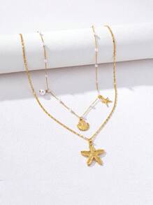 2pcs/Set Summer Refreshing Faux Pearl Starfish Pendant Necklace, Fashion Fashionable Ocean Life Pendant Jewelry Set, Suitable For Women's Daily Wear And Vacation, Beach, Photography Decoration, Handmade Chain Can Be Cut To