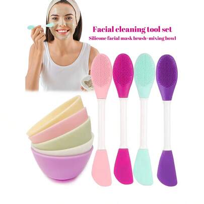 1 Set Silicone Facial Cleansing Brush Kit, Includes Dual-Headed Manual Cleaning Brush And Face Mask Mixing Bowl, Reusable, 2-In-1 Double-Sided Cleansing Brush, Silicone Face Mask Applicator And Mixing Bowl, Suitable For Daily Skincare, Makeup, Cleansing And Mask Mixing, Soft, Elastic, Odorless, Non-Deformable, Lightweight And Portable.