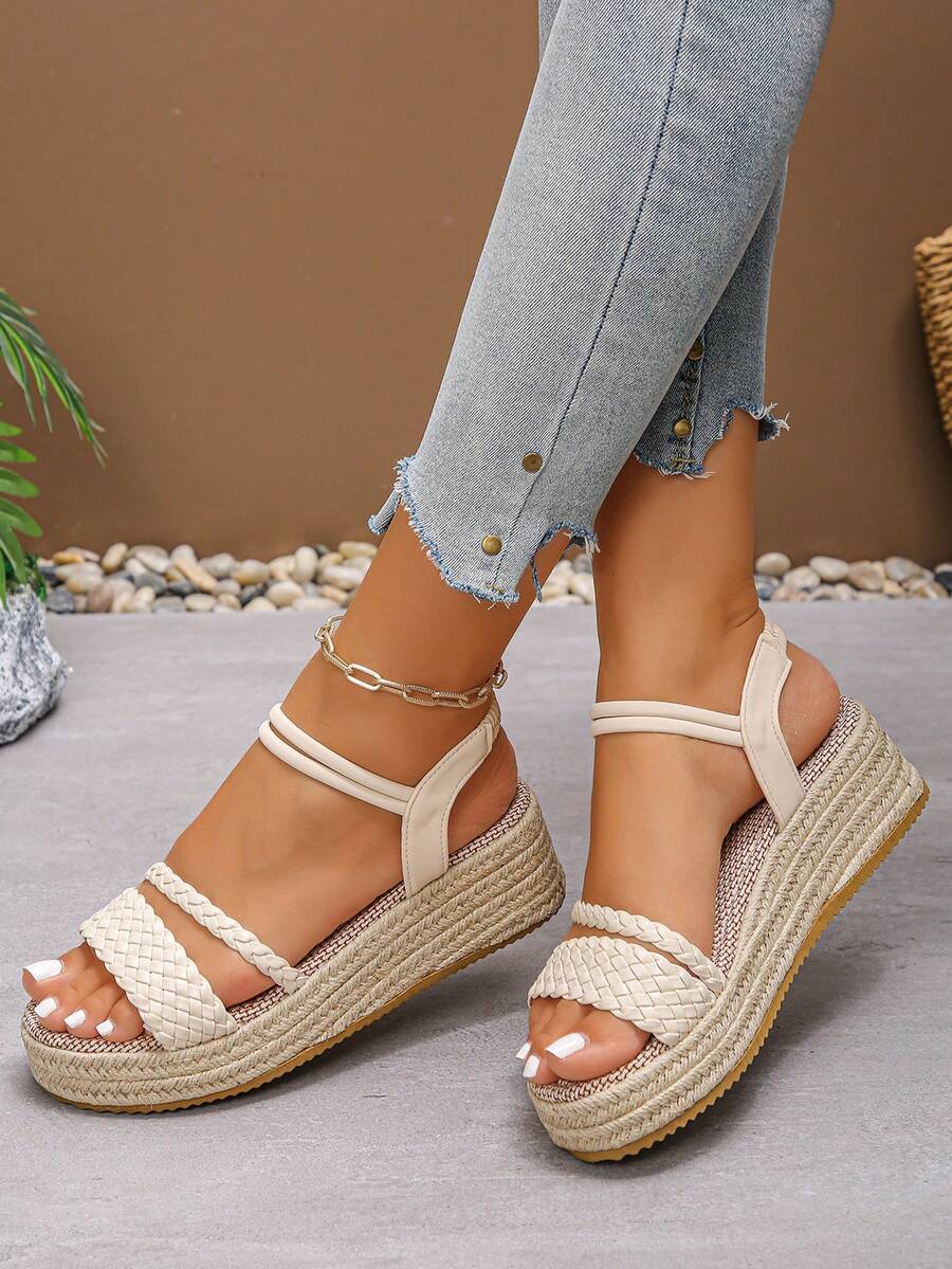 1双米色厚底凉鞋，适合青少年女孩（尺码偏小），夏季时尚厚底编织坡跟凉鞋，轻便防水厚底凉鞋，适合度假和日常穿着。