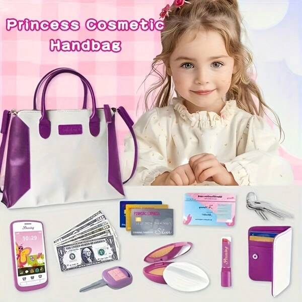 Pequeño bolso de niña con accesorios y maquillaje de juguete para niños pequeños - Mi primer set de bolso incluye bolso, teléfono, billetera, maquillaje de juguete y talla grande juguetes de juego de roles para niñas de 3+ años, un gran regalo para niñas