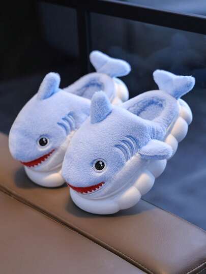 1 Pair Kids Warm Slippers, Cute Shark Design For Boys And Girls, Toddler Indoor Home Slippers, Autumn/Winter