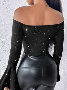 ChicMe Women Off Shoulder Glitter Top Bell Sleeve Slim Fit Stretchy Pullover T Shirt Sexy Elegant Party Date Daily Streetwear
