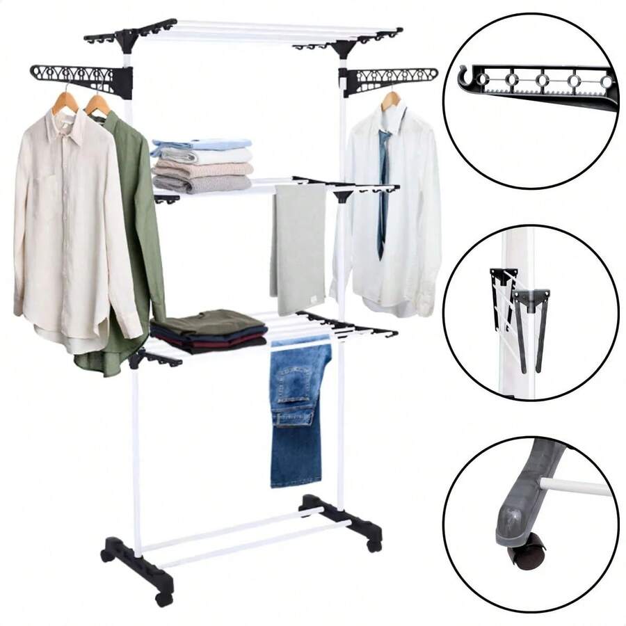 3-Tier Large Foldable Clothesline With 4 Wheels - Blanco y Negro - Ver 1