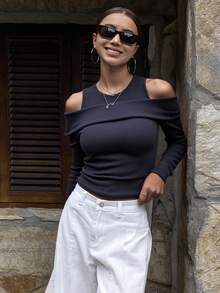 Livesso Women Solid Color 2 In 1 Cold Shoulder Fitted Fashionable T-Shirt, Deep Grey, Spring/Summer/Autumn Long Sleeve Women Tops,Fall Women Clothes - Dark Grey - View 7